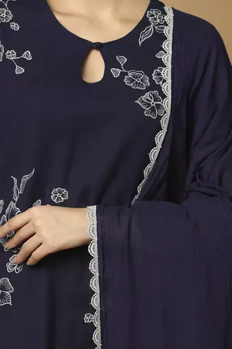 Navy blue floral embroidered cotton kurta-set