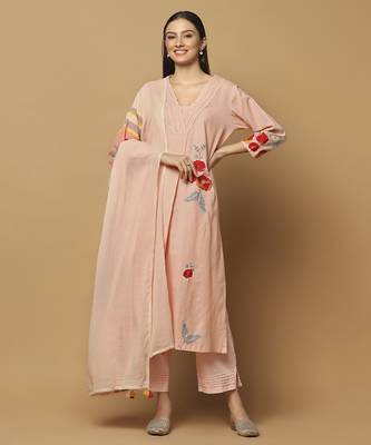 Peach floral embroidered cotton kurta-set 1
