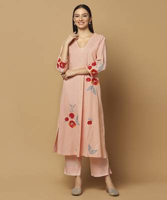 Peach floral embroidered cotton kurta-set 2