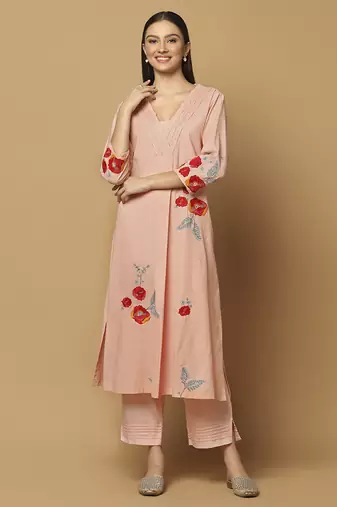 Peach floral embroidered cotton kurta-set