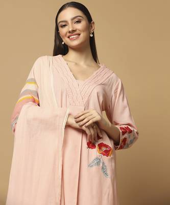 Peach floral embroidered cotton kurta-set 4