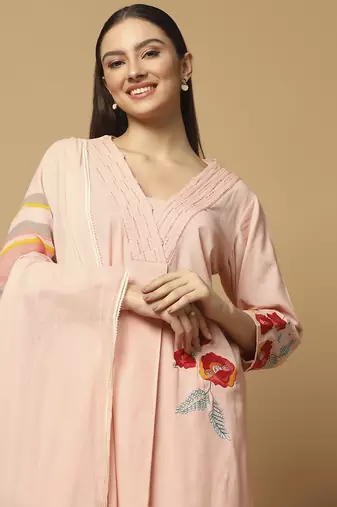Peach floral embroidered cotton kurta-set