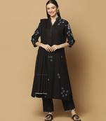 Black floral embroidered cotton kurta-set