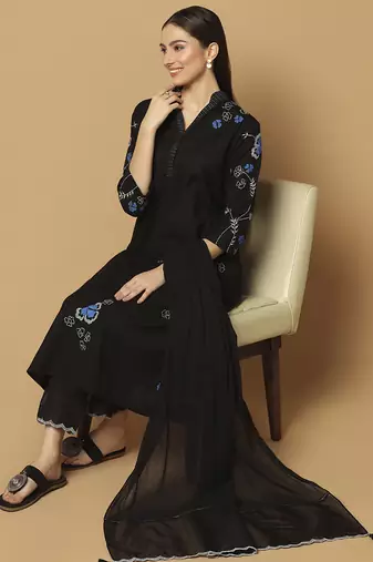 Black floral embroidered cotton kurta-set