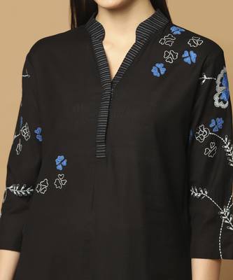Black floral embroidered cotton kurta-set 4