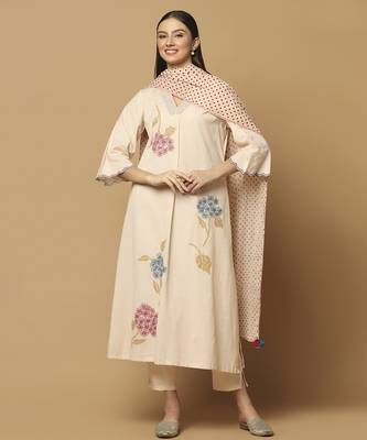 Peach cotton floral embroidered kurta-set 1