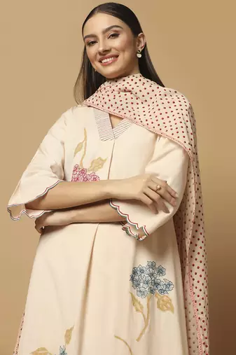 Peach cotton floral embroidered kurta-set
