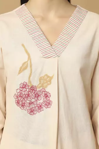 Peach cotton floral embroidered kurta-set