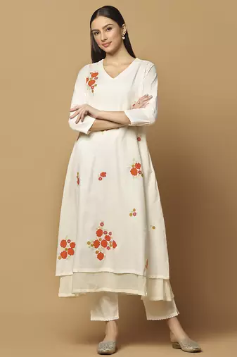 Peach cotton floral embroidered kurta-set
