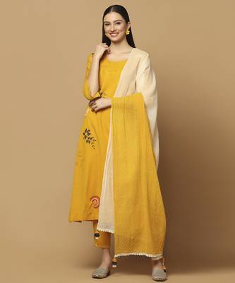 Mustard floral embroidered cotton kurta-set 1