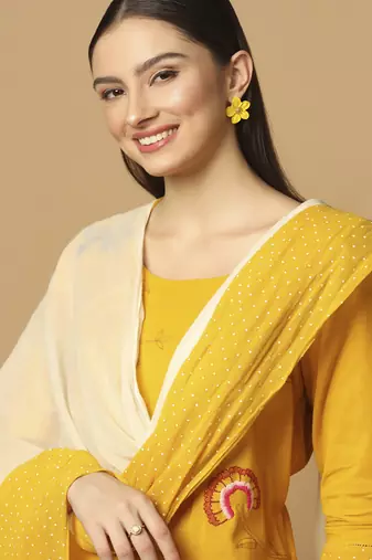 Mustard floral embroidered cotton kurta-set