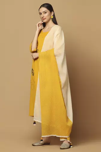 Mustard floral embroidered cotton kurta-set