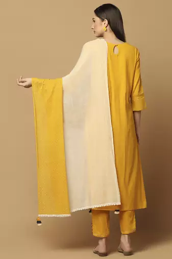 Mustard floral embroidered cotton kurta-set
