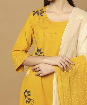 Mustard floral embroidered cotton kurta-set 5
