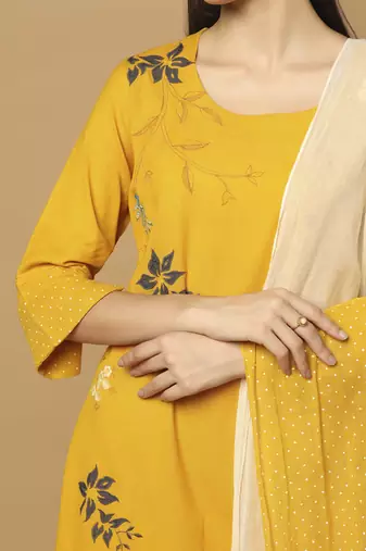 Mustard floral embroidered cotton kurta-set