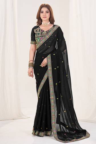 Black embroidered georgette saree with unstiched blouse