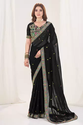 Black embroidered georgette saree with unstiched blouse