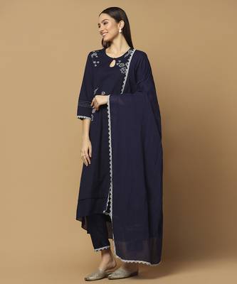 Navy blue floral embroidered cotton kurta-set 5