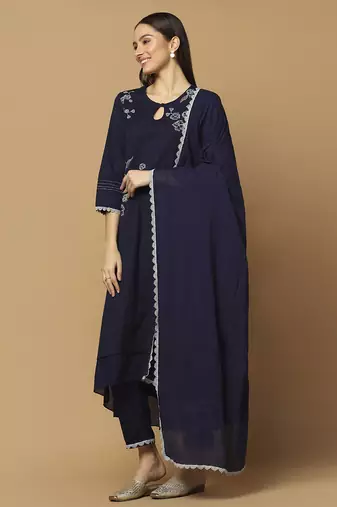 Navy blue floral embroidered cotton kurta-set