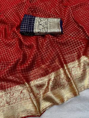 Red Viscose Georgette checks Design Saree 1