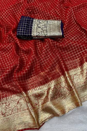 Red Viscose Georgette checks Design Saree