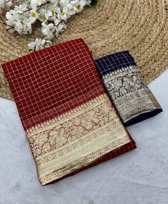 Red Viscose Georgette checks Design Saree 2