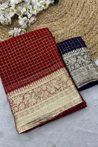 Red Viscose Georgette checks Design Saree