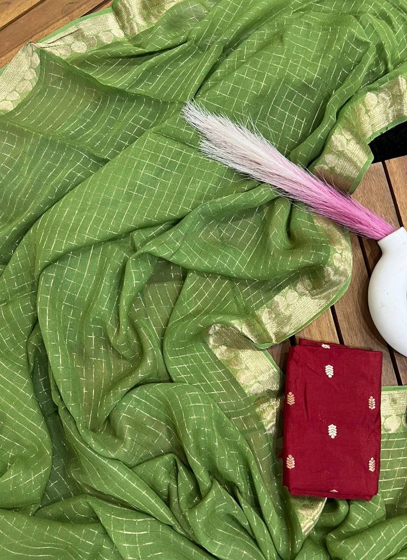 Green Viscose Georgette checks Design Saree