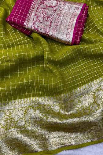Green Viscose Georgette checks Design Saree