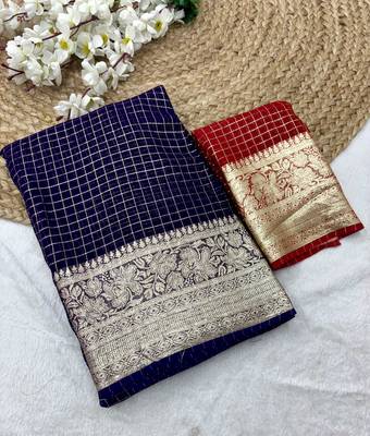 Navy Blue Viscose Georgette checks Design Saree 1