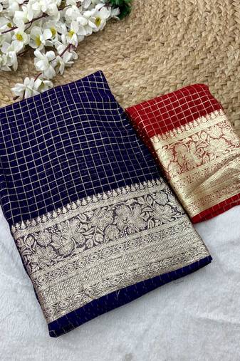 Navy Blue Viscose Georgette checks Design Saree