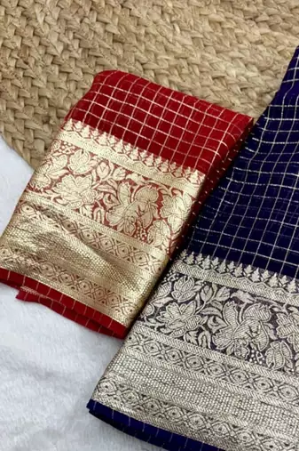 Navy Blue Viscose Georgette checks Design Saree