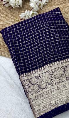 Navy Blue Viscose Georgette checks Design Saree 3