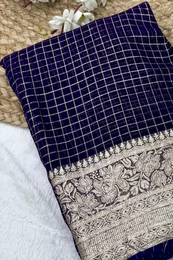 Navy Blue Viscose Georgette checks Design Saree