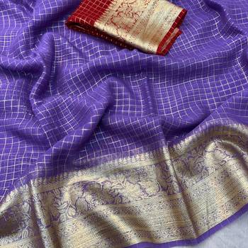 Purple Viscose Georgette checks Design Saree 1