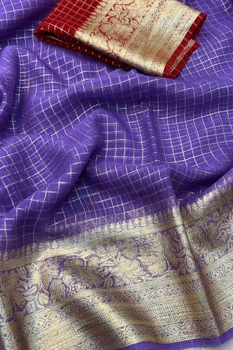 Purple Viscose Georgette checks Design Saree