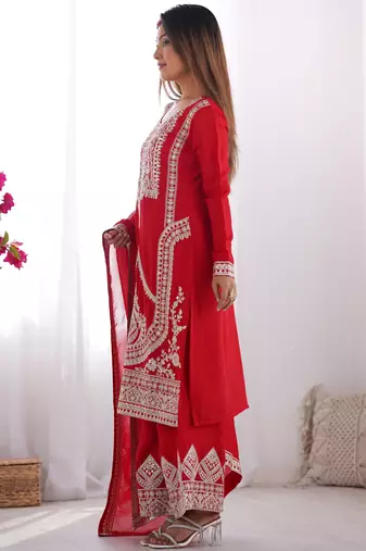 Regal Red Anarkali Set with Intricate Ivory Embroidery