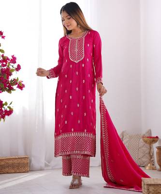 Graceful Pink Embroidered Kurta Set with Geometric Palazzo and Dupatta 1