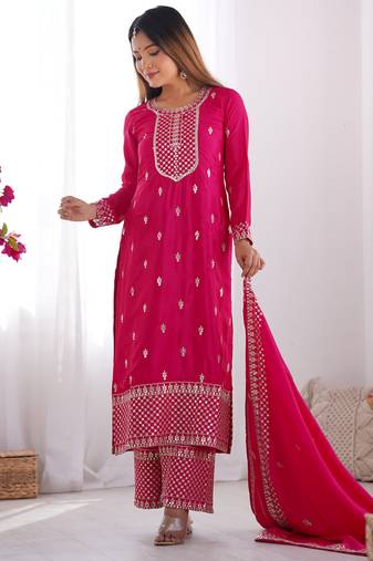 Graceful Pink Embroidered Kurta Set with Geometric Palazzo and Dupatta