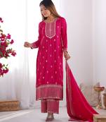 Graceful Pink Embroidered Kurta Set with Geometric Palazzo and Dupatta