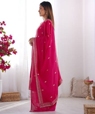Graceful Pink Embroidered Kurta Set with Geometric Palazzo and Dupatta 2