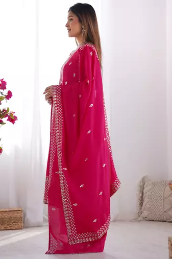 Graceful Pink Embroidered Kurta Set with Geometric Palazzo and Dupatta