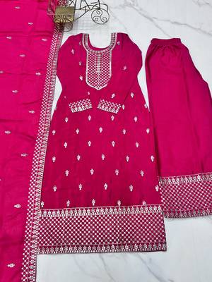 Graceful Pink Embroidered Kurta Set with Geometric Palazzo and Dupatta 5