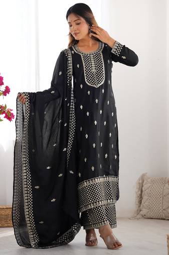 Elegant Black Kurta Set with Geometric Palazzo & Embroidered Dupatta