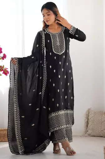 Elegant Black Kurta Set with Geometric Palazzo & Embroidered Dupatta