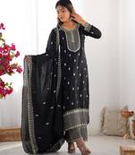 Elegant Black Kurta Set with Geometric Palazzo & Embroidered Dupatta