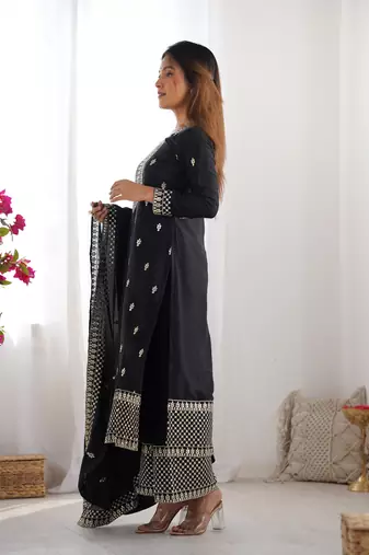 Elegant Black Kurta Set with Geometric Palazzo & Embroidered Dupatta