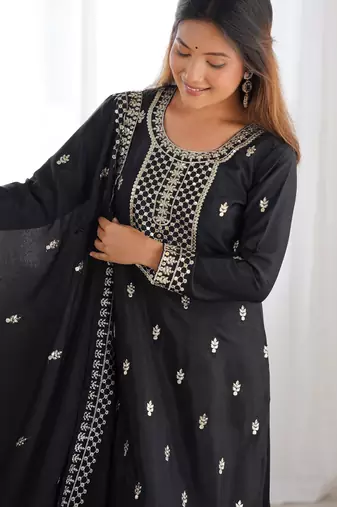 Elegant Black Kurta Set with Geometric Palazzo & Embroidered Dupatta