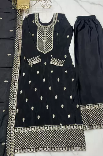 Elegant Black Kurta Set with Geometric Palazzo & Embroidered Dupatta