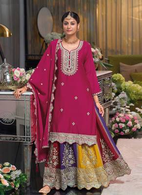 Rani Pink Embroidered Designer Suit With Skirt & Dupatta 1
